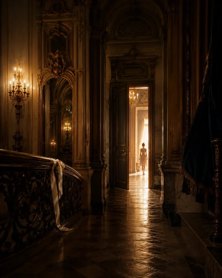 Porte entrouverte et silhouette lointaine dans un décor inspiré de l’Opéra Garnier : seuils et les secrets de La Variation des Étoiles