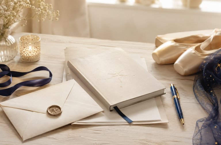 Carnet, enveloppe, stylo et chaussons sur une table claire, évoquant le cadre respectueux du test de La Variation des Étoiles.