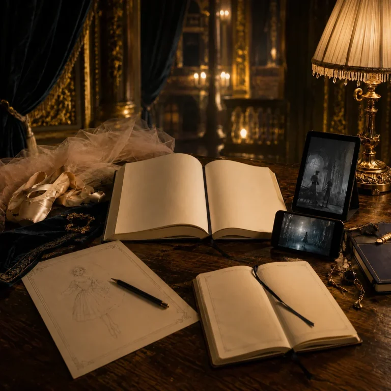 Livre ouvert, carnet, fiche de suivi et support numérique dans une ambiance inspirée de Garnier, pour accompagner La Variation des Étoiles.