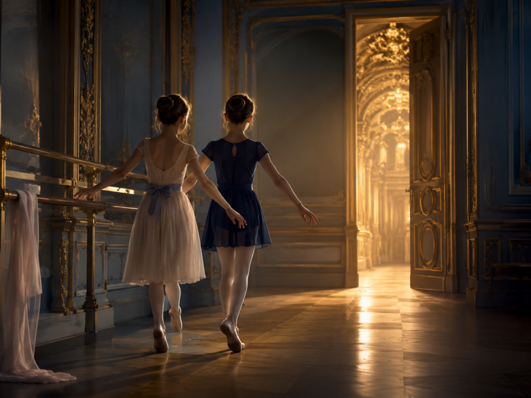 Deux jeunes danseuses avancent ensemble vers une porte lumineuse, entre amitié et mystère dans La Variation des Étoiles.
