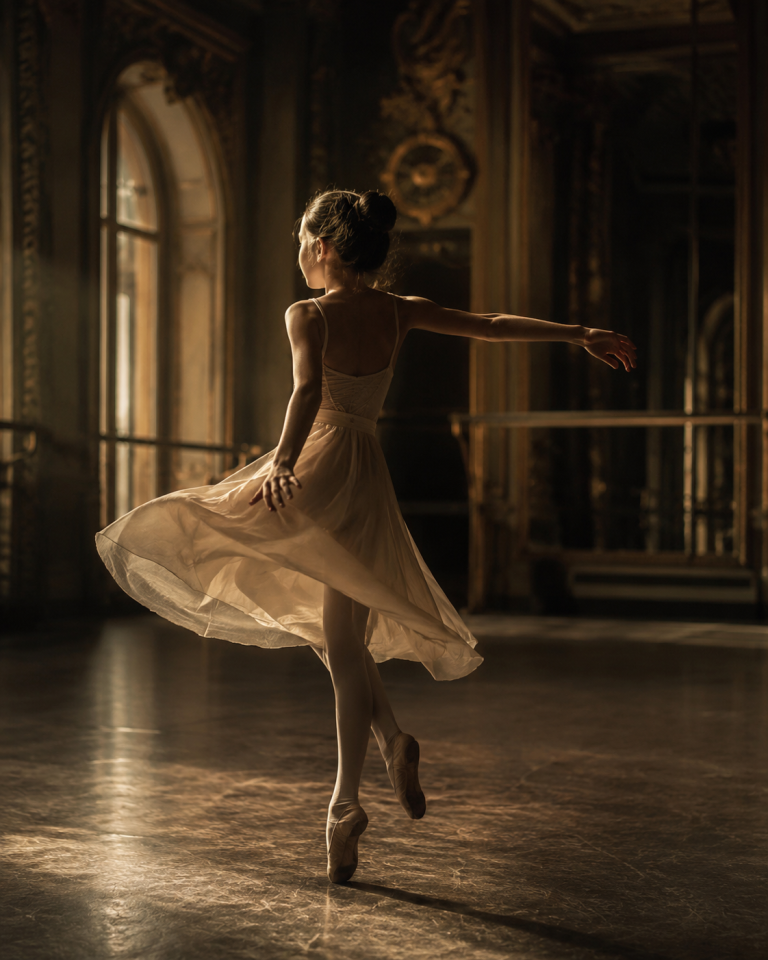 Jeune danseuse en mouvement dans une salle inspirée de Garnier, pour l’audition de La Variation des Étoiles.