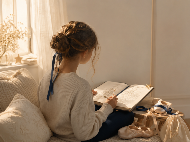Jeune lectrice vue de dos lisant près de chaussons de danse, pour évoquer le public de La Variation des Étoiles.