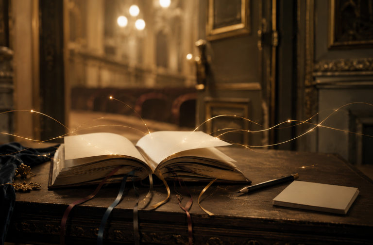 Livre ouvert avec ruban bleu et carnet dans une ambiance de Garnier, pour illustrer les choix de La Variation des Étoiles.