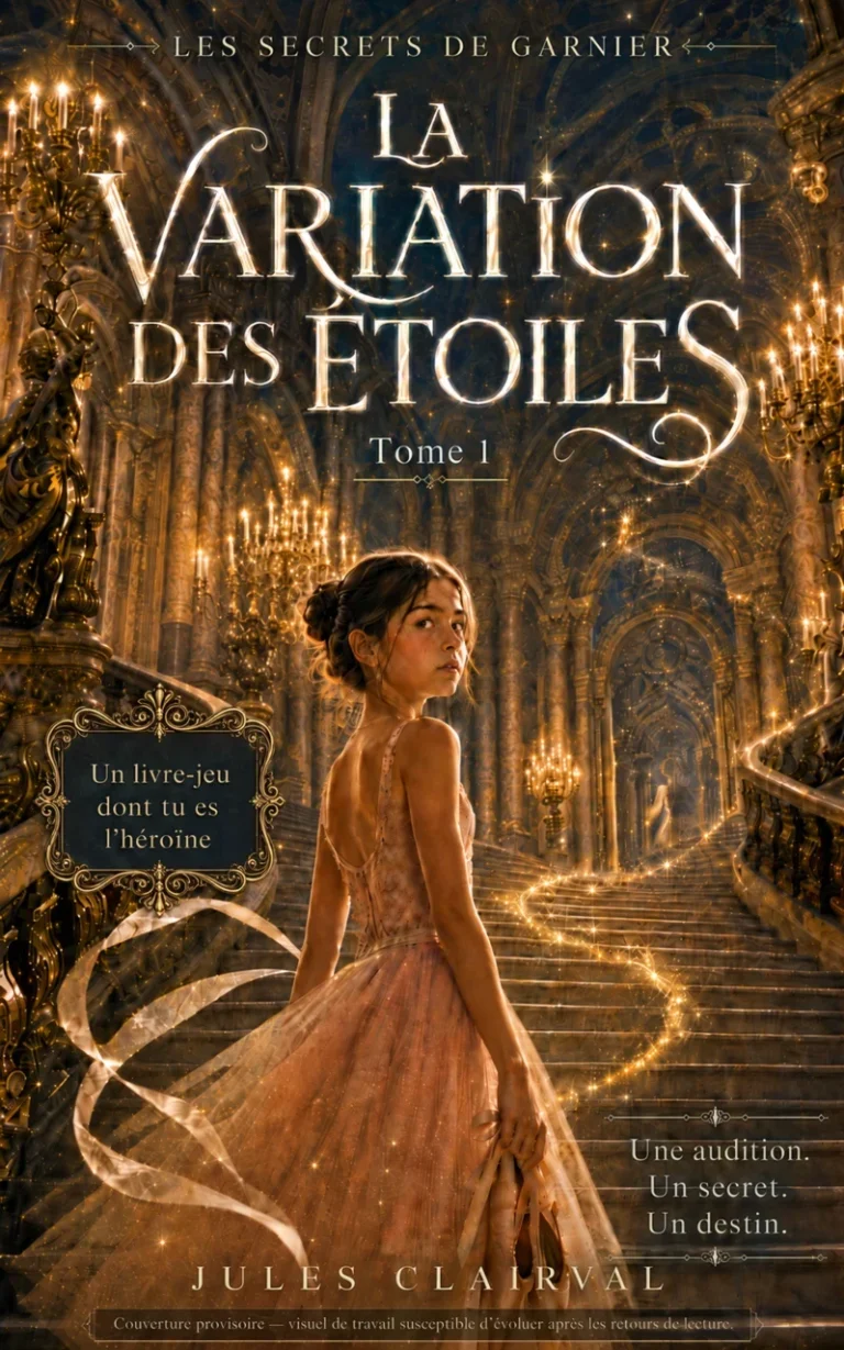 Couverture provisoire du livre-jeu La Variation des Étoiles, premier tome des Secrets de Garnier, dans l’univers de l’Opéra Garnier.