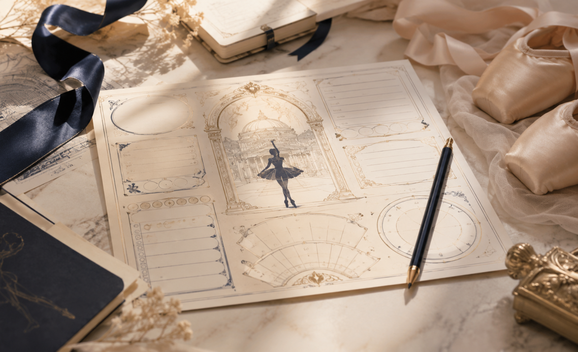 Fiche de personnage illustrée, stylo et chaussons de danse pour suivre le parcours dans La Variation des Étoiles.