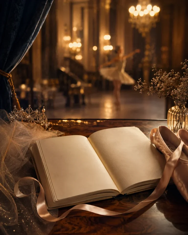 Livre ouvert avec ruban et chaussons de danse devant une scène inspirée de l’Opéra Garnier, pour le livre-jeu La Variation des Étoiles.