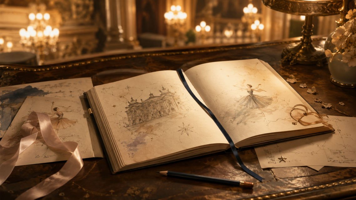 Livre ouvert avec dessins, ruban et carnet, évoquant les mots-clés et la mémoire du parcours dans La Variation des Étoiles.