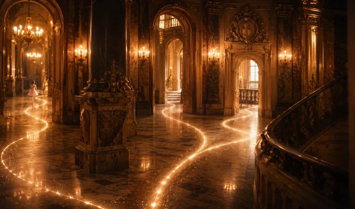 Chemins lumineux se séparant dans un décor inspiré de l’Opéra Garnier, pour illustrer les choix du livre-jeu La Variation des Étoiles.