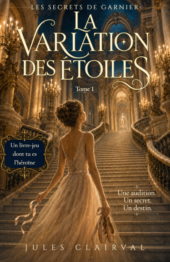 Couverture du livre – La Variation des Étoiles Couverture du livre-jeu La Variation des Étoiles, premier tome des Secrets de Garnier, dans l’univers de l’Opéra Garnier.