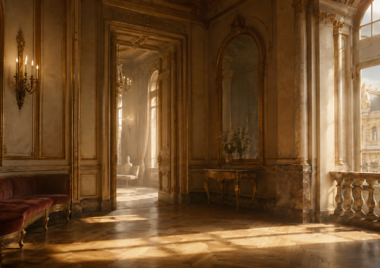 Salle lumineuse aux dorures inspirée de Garnier, entre audition, silence et mystère dans La Variation des Étoiles.