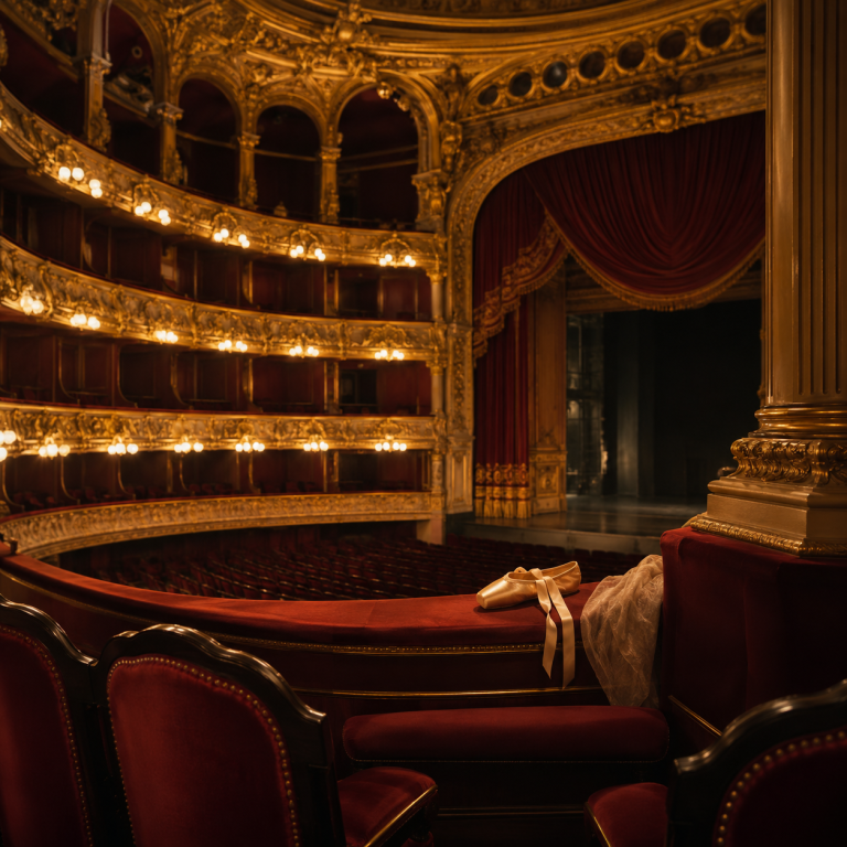 Salle dorée et fauteuils rouges évoquant l’Opéra Garnier, décor de La Variation des Étoiles.
