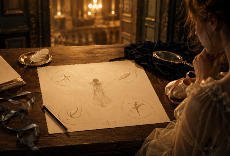 Fiche et croquis de danse dans une ambiance de Garnier, pour façonner l’héroïne de La Variation des Étoiles.