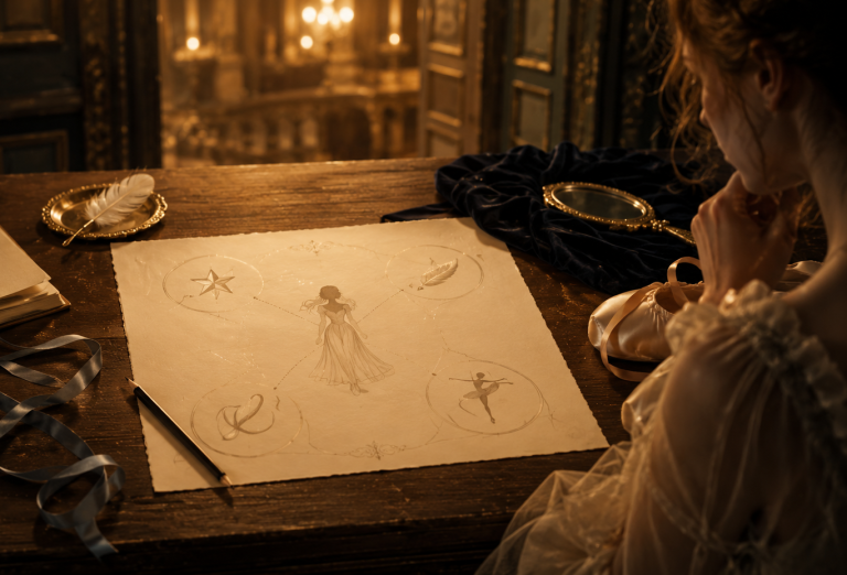 Fiche et croquis de danse dans une ambiance de Garnier, pour façonner l’héroïne de La Variation des Étoiles.